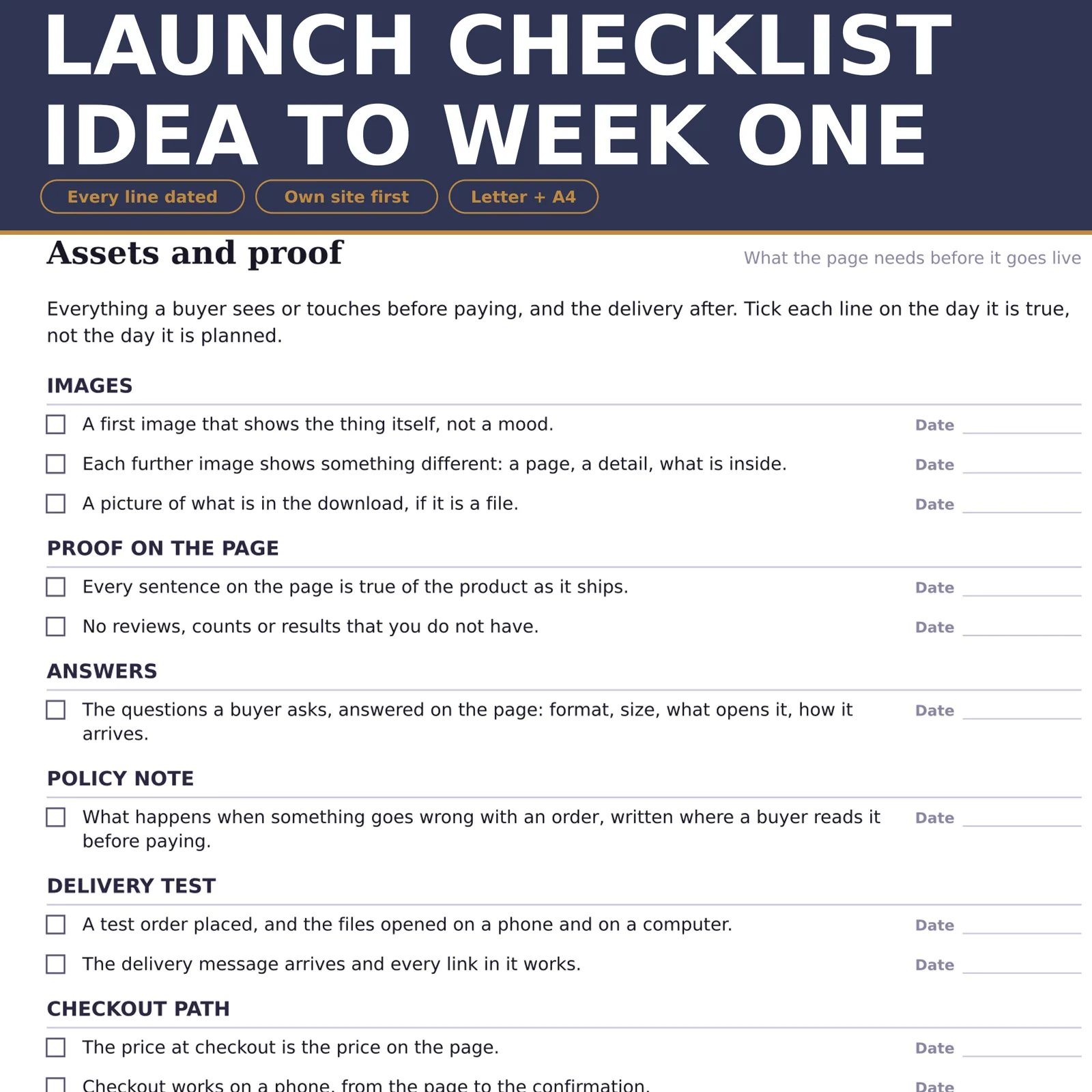 Launch Checklist: the "Assets and proof" page of the pack under a title band reading "Launch Checklist Idea To Week One"